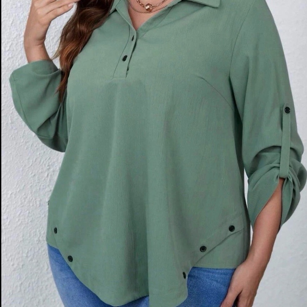 SHEIN Blouse Womens Size Large Roll Tab Sleeves Button Details 1/4 Buttoned